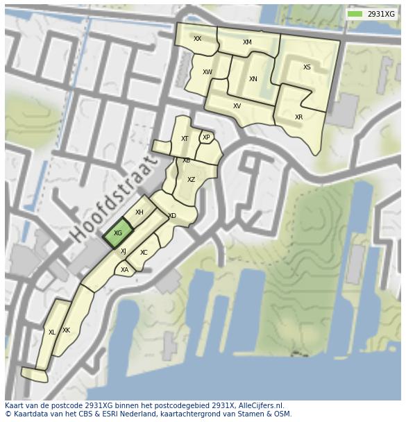 Afbeelding van het postcodegebied 2931 XG op de kaart.