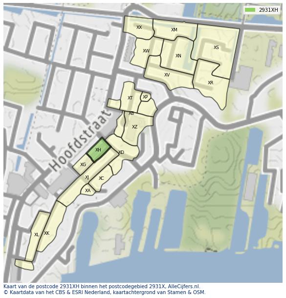 Afbeelding van het postcodegebied 2931 XH op de kaart.