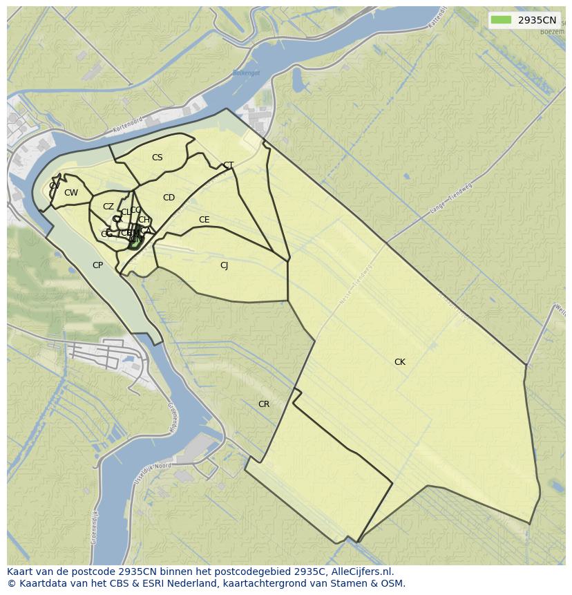 Afbeelding van het postcodegebied 2935 CN op de kaart.