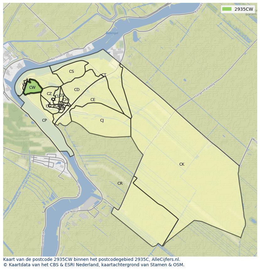 Afbeelding van het postcodegebied 2935 CW op de kaart.