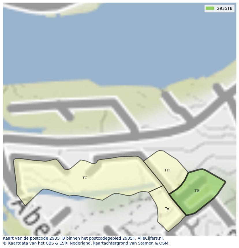 Afbeelding van het postcodegebied 2935 TB op de kaart.