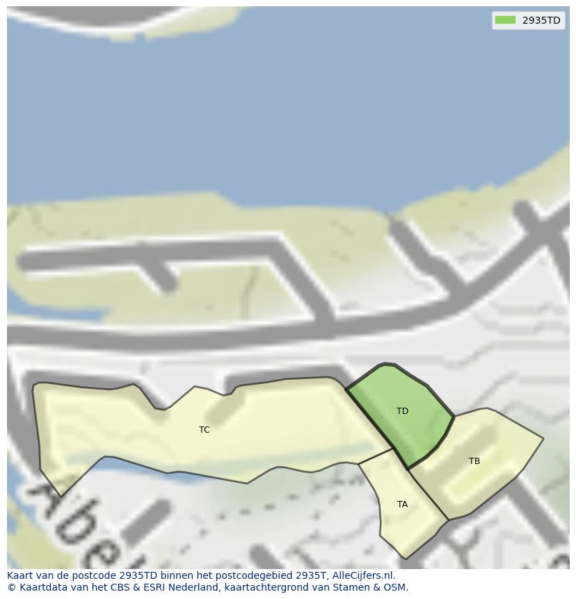 Afbeelding van het postcodegebied 2935 TD op de kaart.