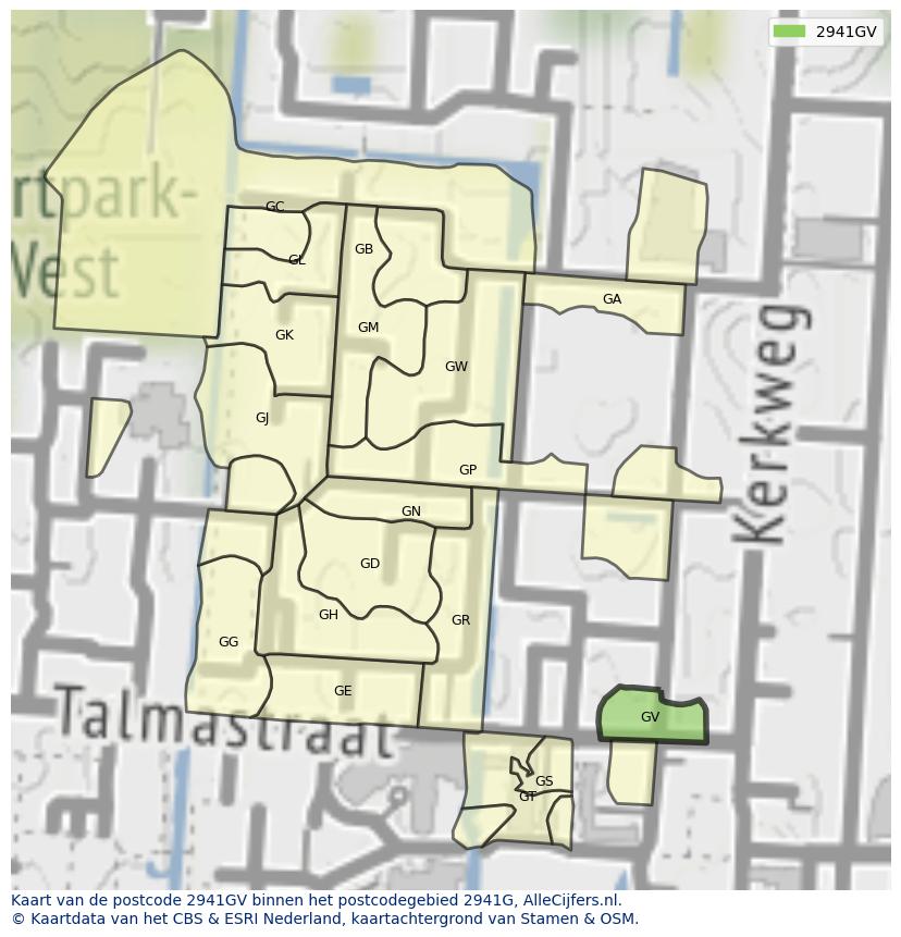 Afbeelding van het postcodegebied 2941 GV op de kaart.