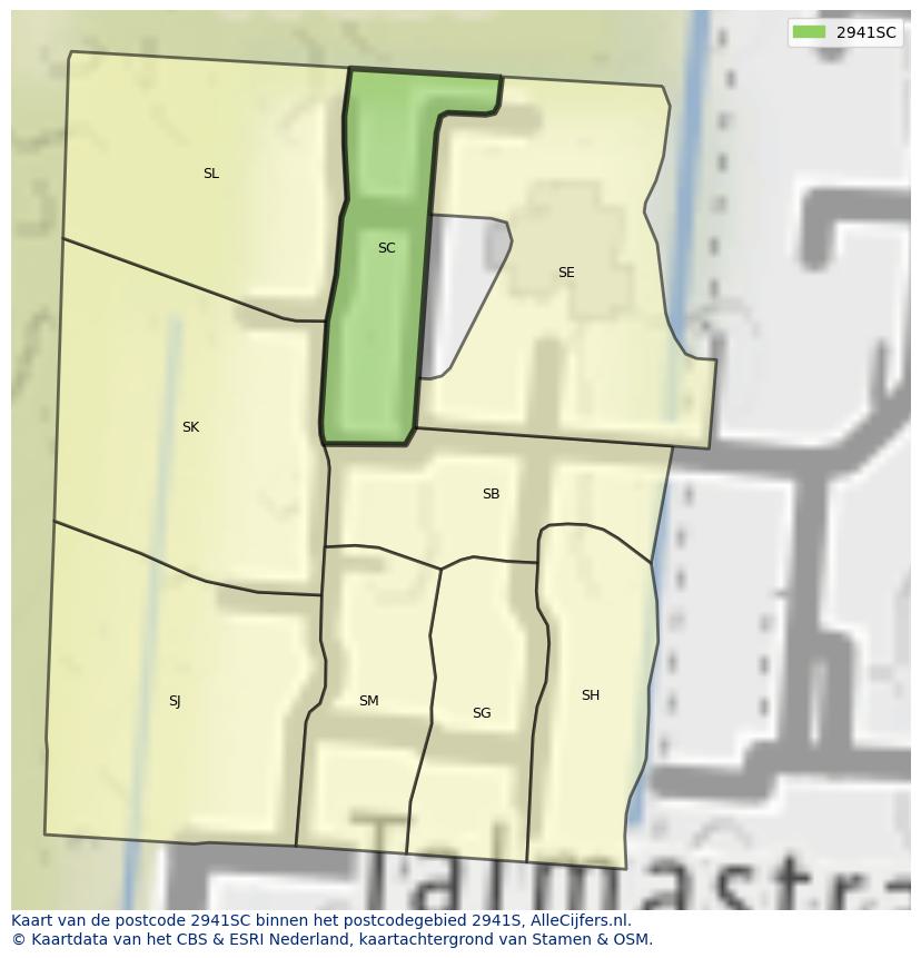 Afbeelding van het postcodegebied 2941 SC op de kaart.