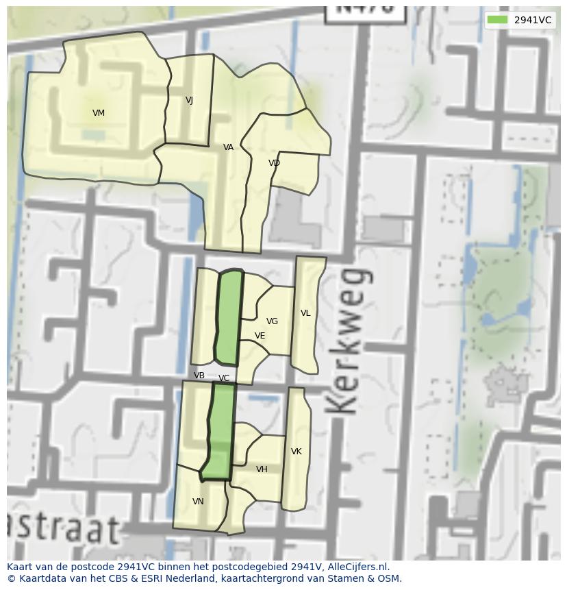 Afbeelding van het postcodegebied 2941 VC op de kaart.