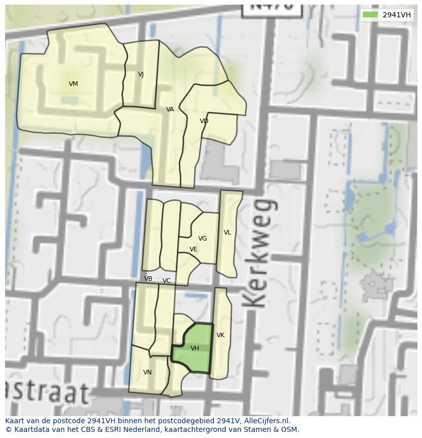 Afbeelding van het postcodegebied 2941 VH op de kaart.