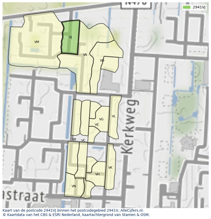Afbeelding van het postcodegebied 2941 VJ op de kaart.