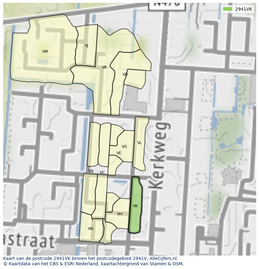 Afbeelding van het postcodegebied 2941 VK op de kaart.