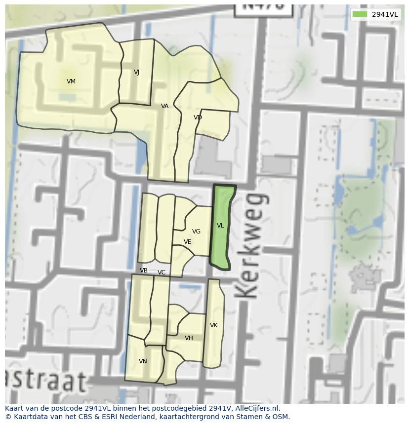 Afbeelding van het postcodegebied 2941 VL op de kaart.