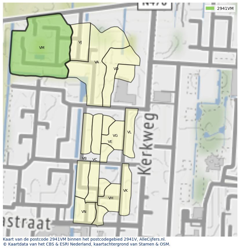 Afbeelding van het postcodegebied 2941 VM op de kaart.