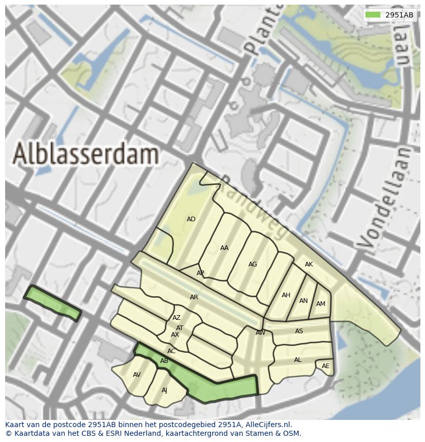 Afbeelding van het postcodegebied 2951 AB op de kaart.