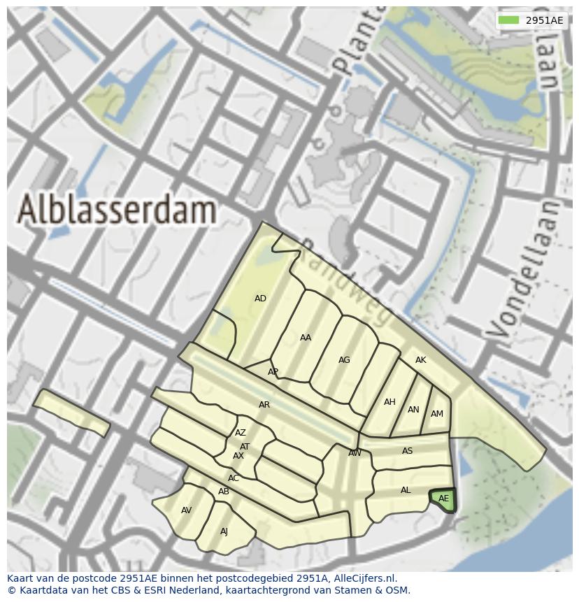 Afbeelding van het postcodegebied 2951 AE op de kaart.