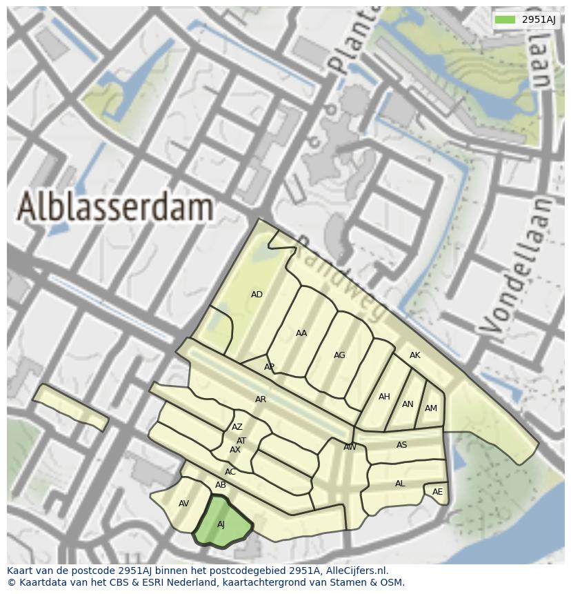 Afbeelding van het postcodegebied 2951 AJ op de kaart.