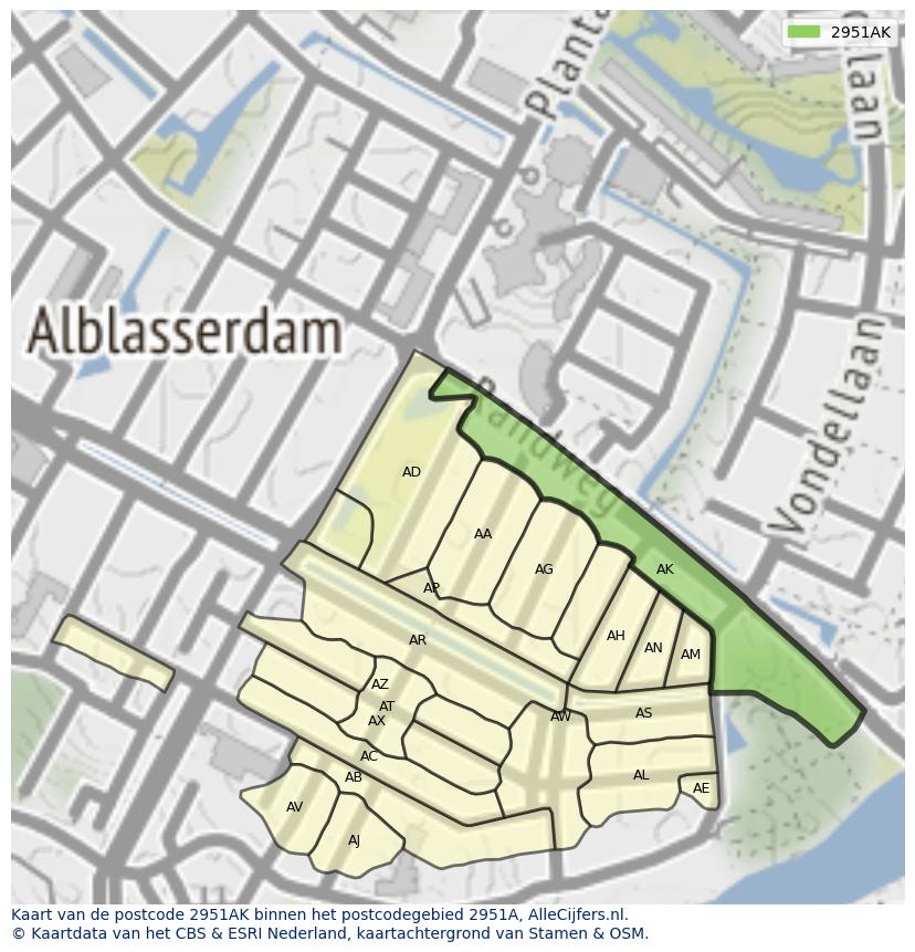 Afbeelding van het postcodegebied 2951 AK op de kaart.