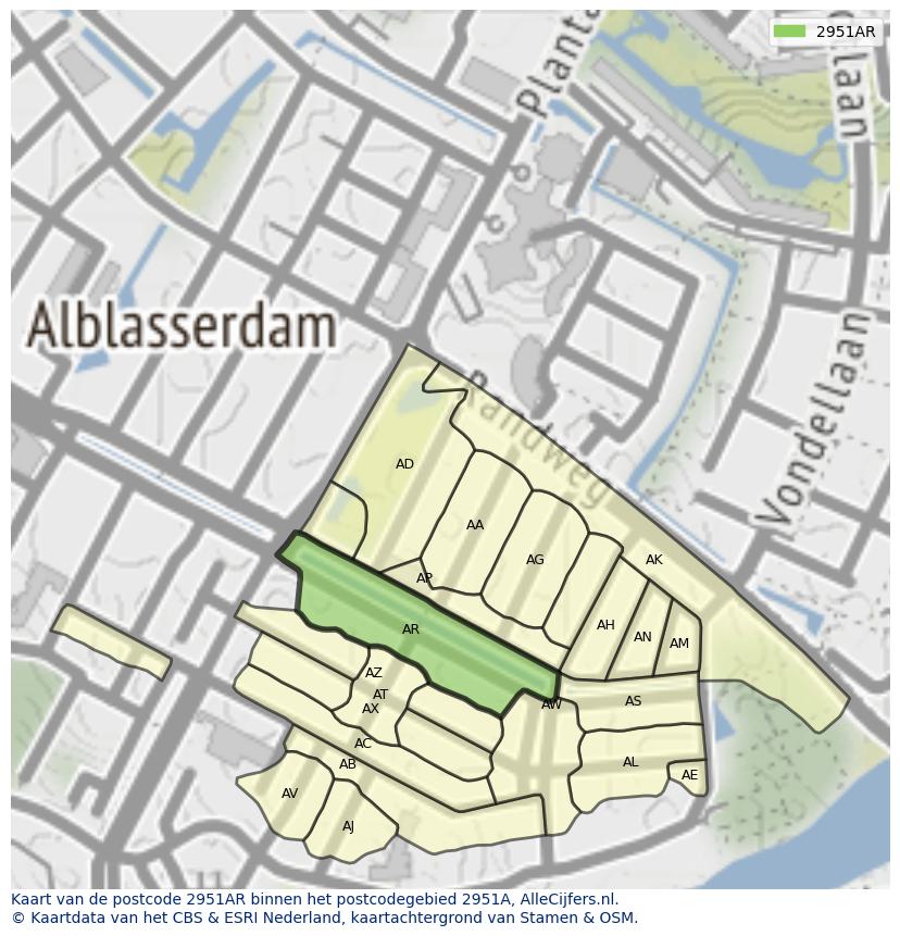 Afbeelding van het postcodegebied 2951 AR op de kaart.