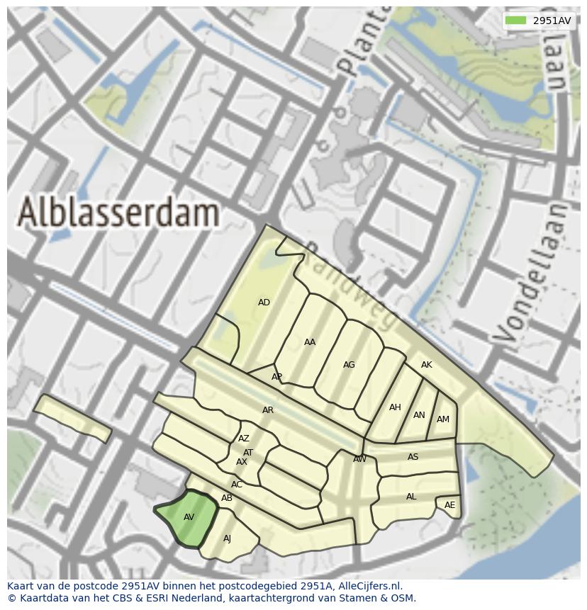 Afbeelding van het postcodegebied 2951 AV op de kaart.