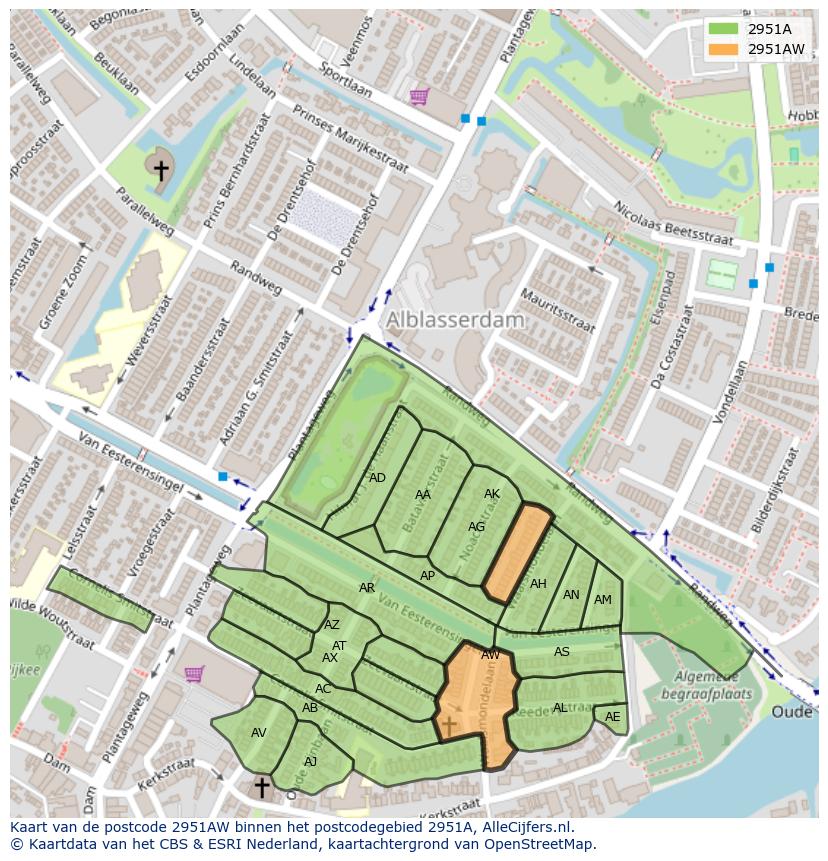 Afbeelding van het postcodegebied 2951 AW op de kaart.