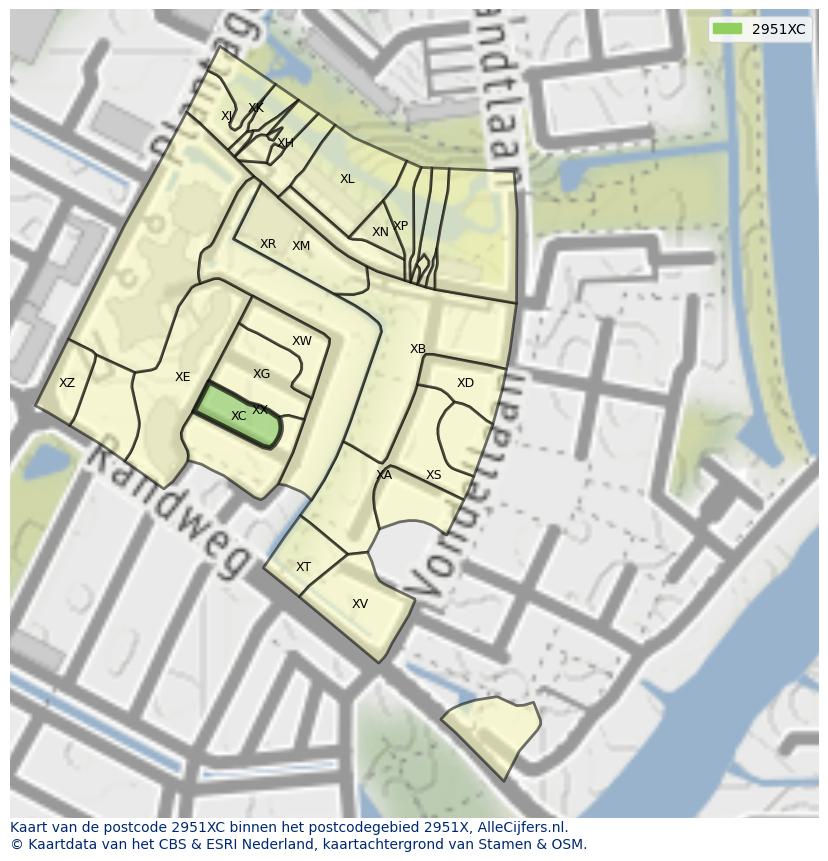 Afbeelding van het postcodegebied 2951 XC op de kaart.