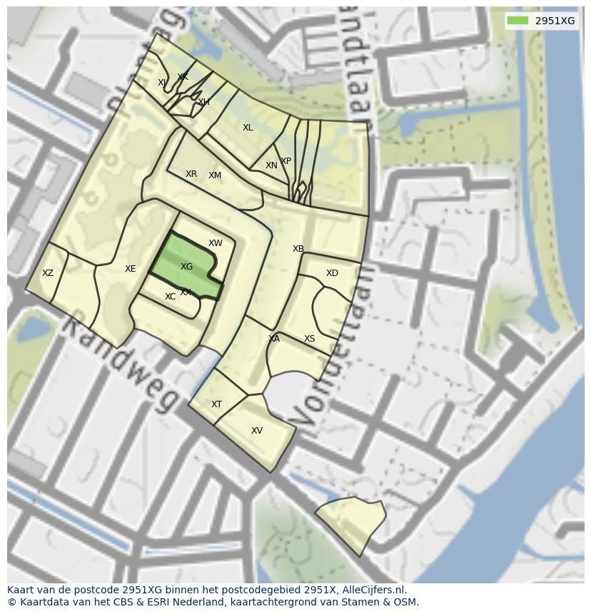 Afbeelding van het postcodegebied 2951 XG op de kaart.