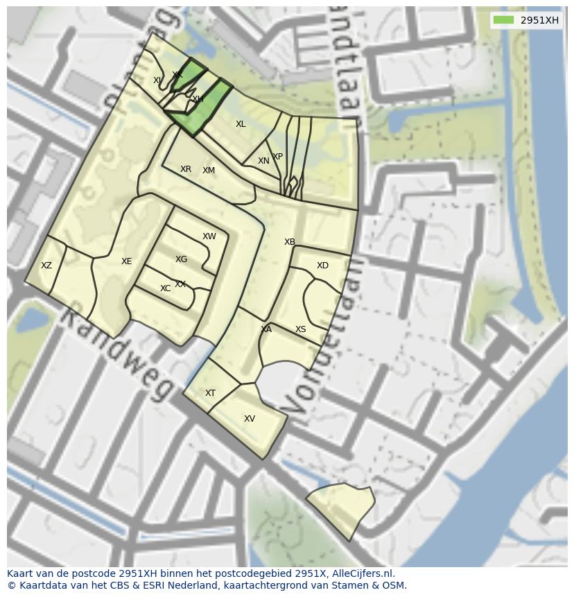 Afbeelding van het postcodegebied 2951 XH op de kaart.