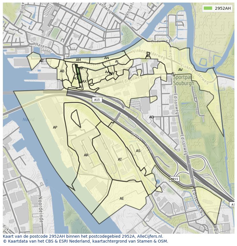 Afbeelding van het postcodegebied 2952 AH op de kaart.