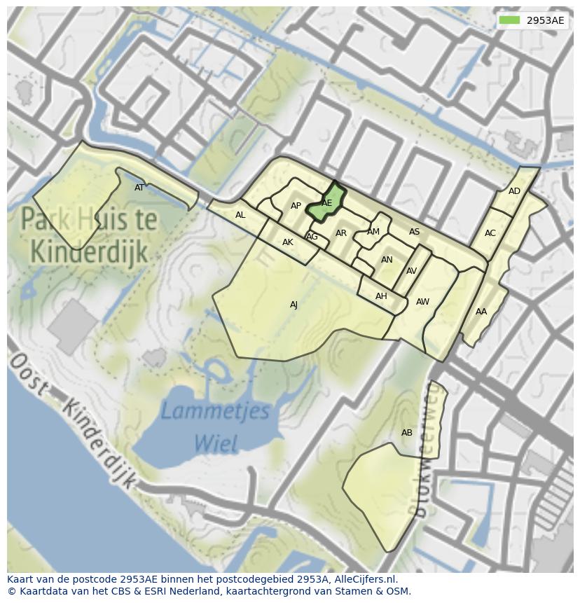 Afbeelding van het postcodegebied 2953 AE op de kaart.