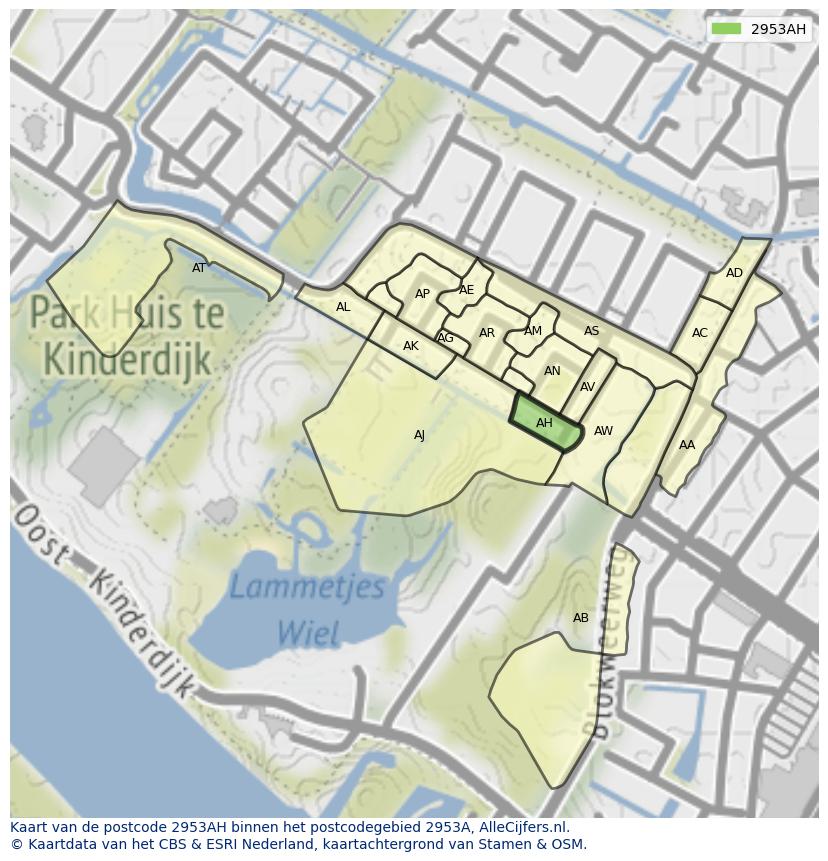 Afbeelding van het postcodegebied 2953 AH op de kaart.
