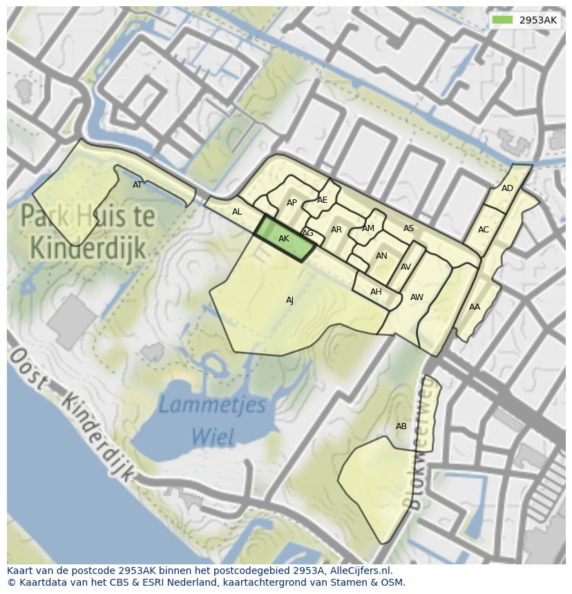 Afbeelding van het postcodegebied 2953 AK op de kaart.