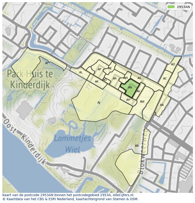 Afbeelding van het postcodegebied 2953 AN op de kaart.