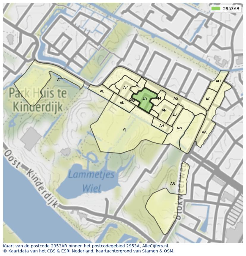 Afbeelding van het postcodegebied 2953 AR op de kaart.