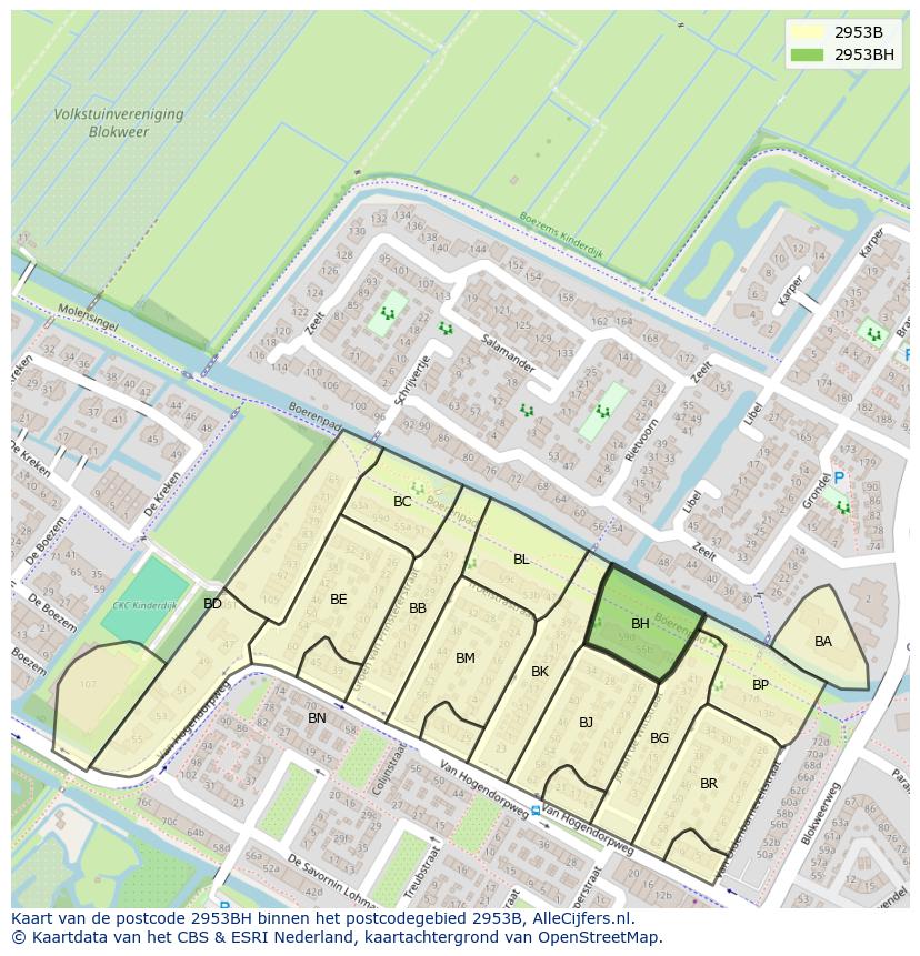 Afbeelding van het postcodegebied 2953 BH op de kaart.