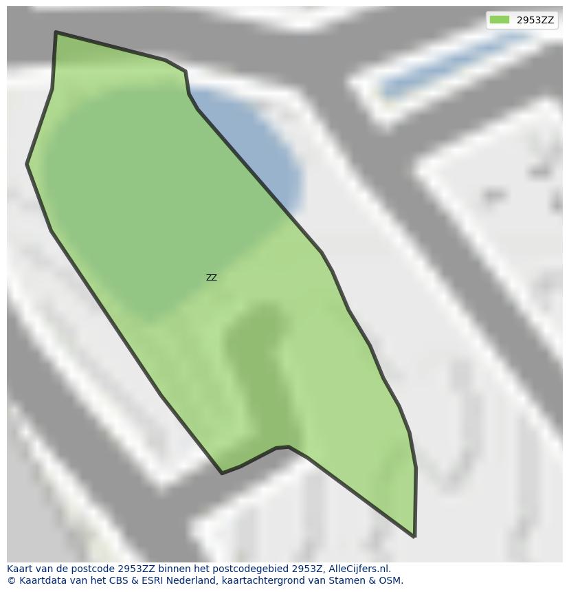 Afbeelding van het postcodegebied 2953 ZZ op de kaart.