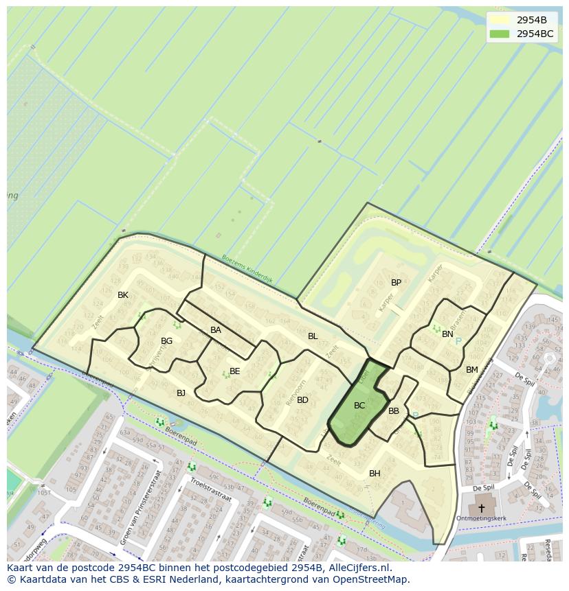 Afbeelding van het postcodegebied 2954 BC op de kaart.