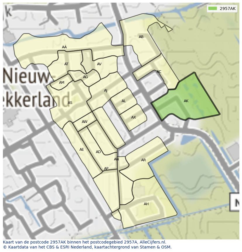 Afbeelding van het postcodegebied 2957 AK op de kaart.