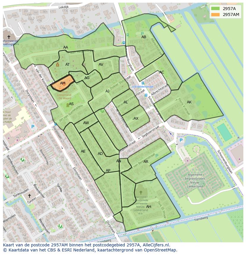 Afbeelding van het postcodegebied 2957 AM op de kaart.
