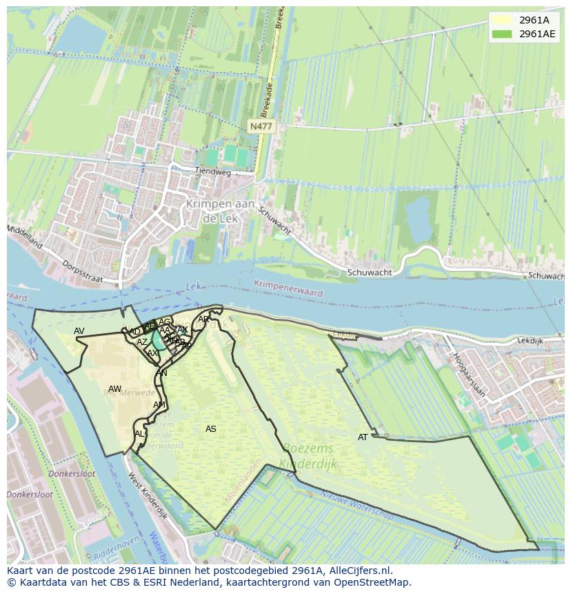 Afbeelding van het postcodegebied 2961 AE op de kaart.