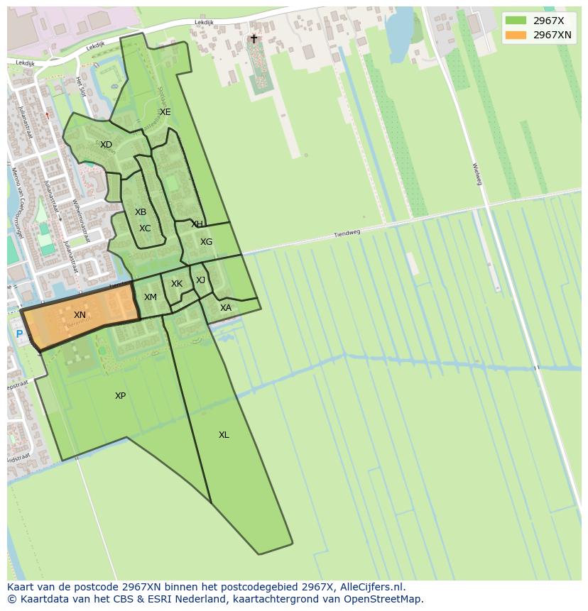 Afbeelding van het postcodegebied 2967 XN op de kaart.
