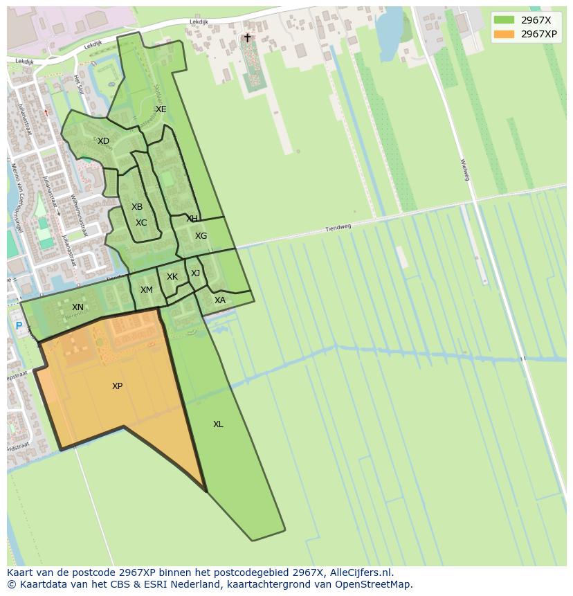 Afbeelding van het postcodegebied 2967 XP op de kaart.