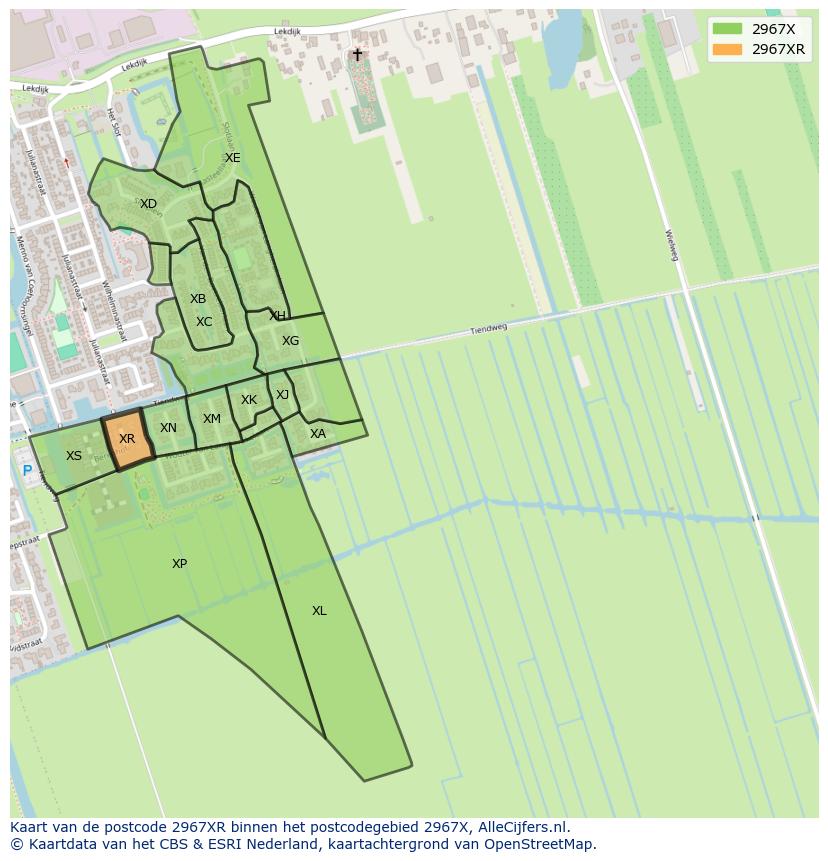 Afbeelding van het postcodegebied 2967 XR op de kaart.