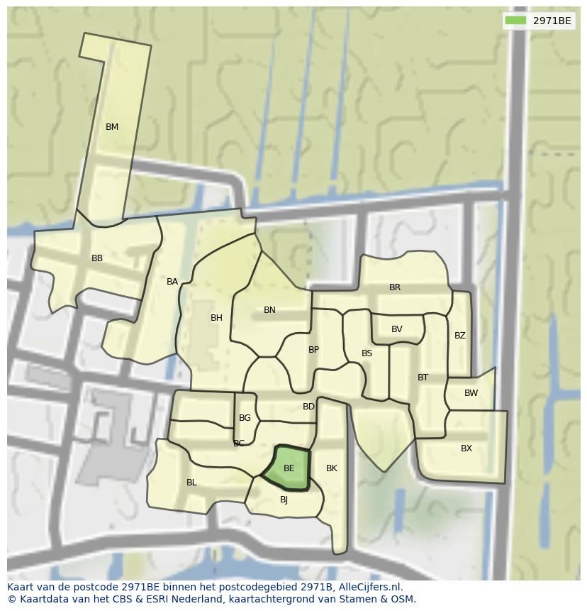 Afbeelding van het postcodegebied 2971 BE op de kaart.