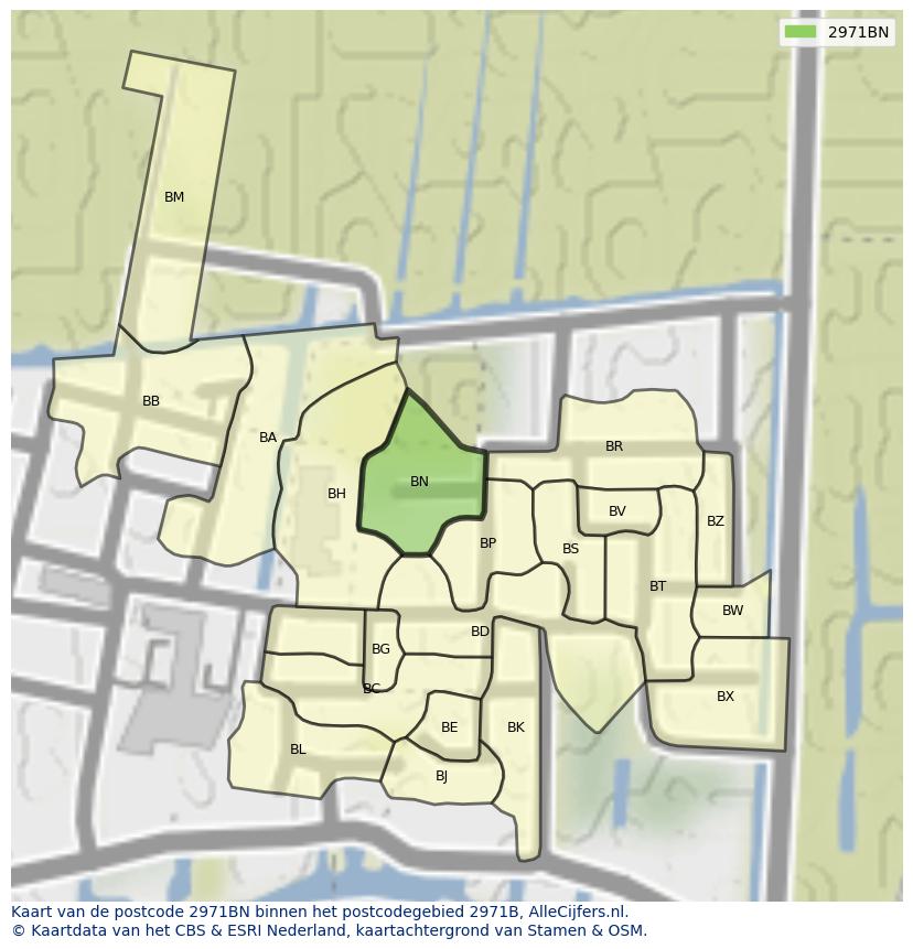 Afbeelding van het postcodegebied 2971 BN op de kaart.