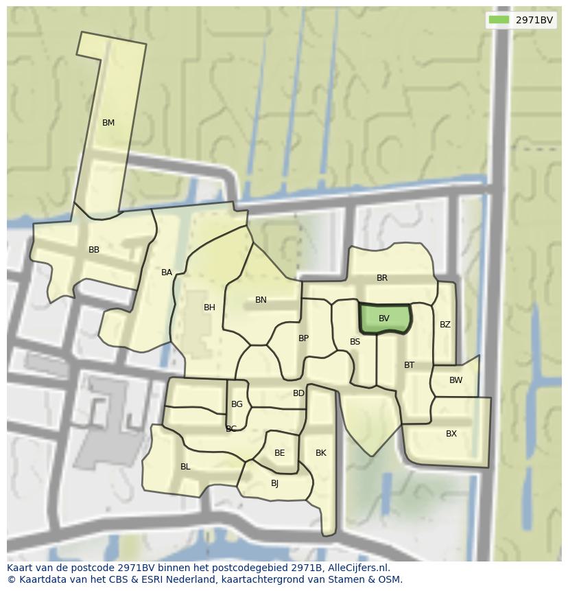 Afbeelding van het postcodegebied 2971 BV op de kaart.