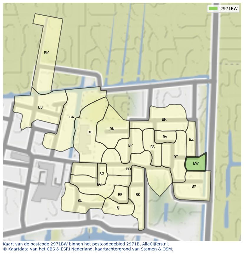 Afbeelding van het postcodegebied 2971 BW op de kaart.