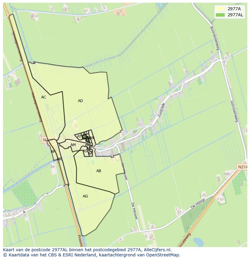 Afbeelding van het postcodegebied 2977 AL op de kaart.