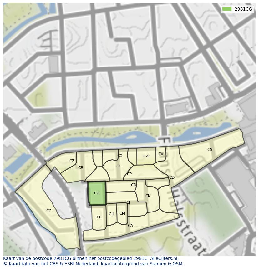 Afbeelding van het postcodegebied 2981 CG op de kaart.