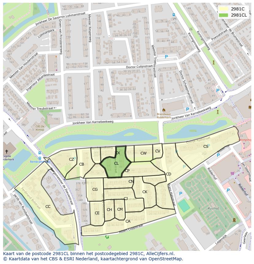 Afbeelding van het postcodegebied 2981 CL op de kaart.