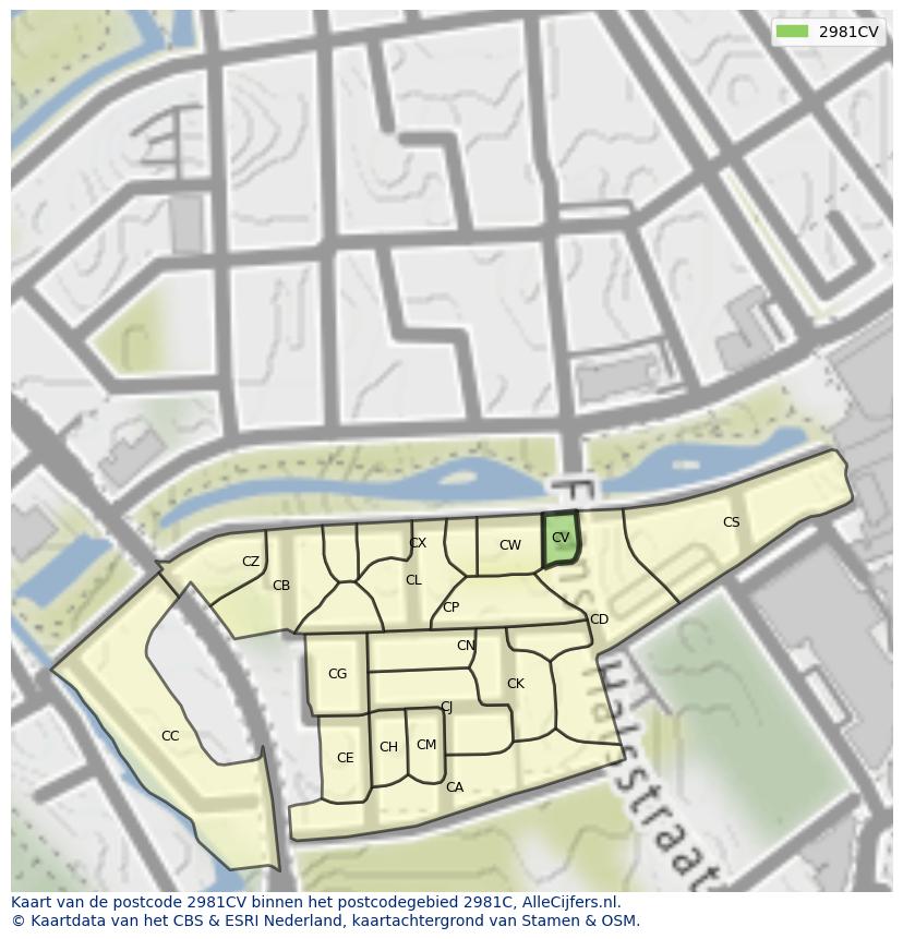 Afbeelding van het postcodegebied 2981 CV op de kaart.