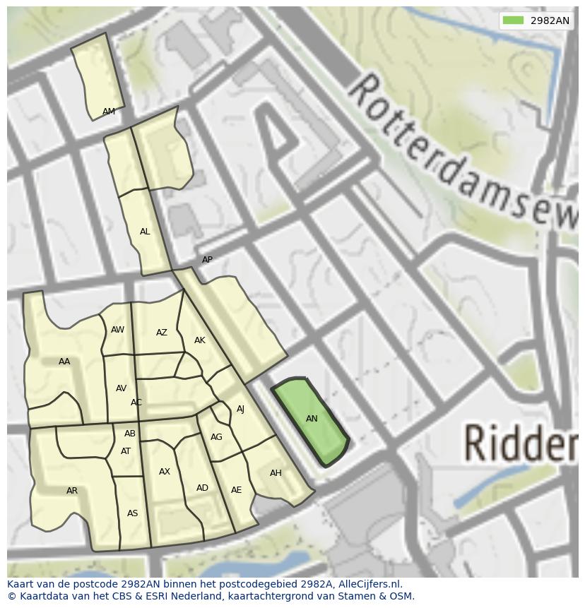 Afbeelding van het postcodegebied 2982 AN op de kaart.