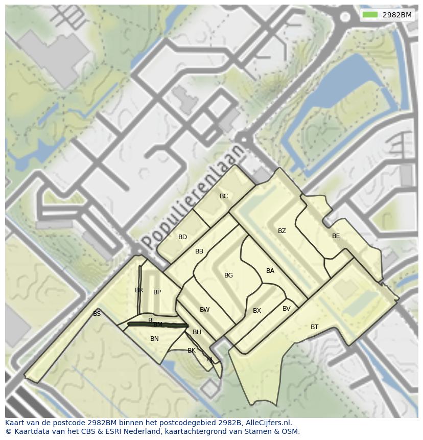 Afbeelding van het postcodegebied 2982 BM op de kaart.