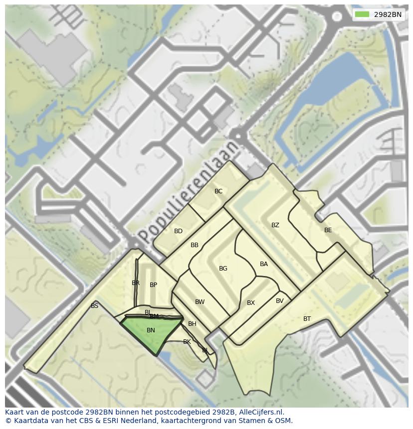 Afbeelding van het postcodegebied 2982 BN op de kaart.